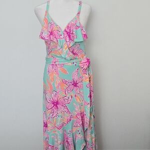 Lilly Pulitzer Mint Floral Maxi Dress with Pink & Orange Accents